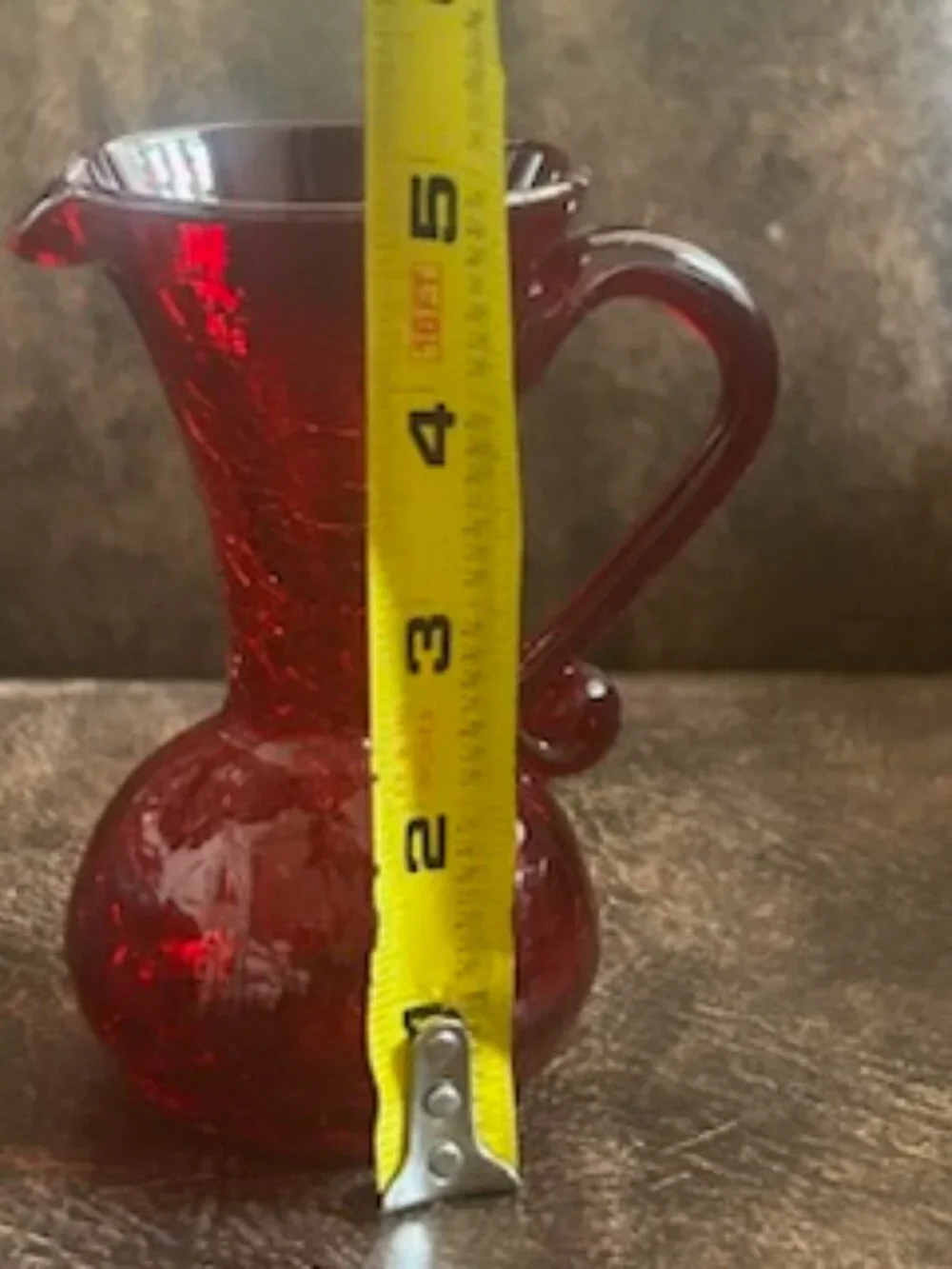Vintage Mid-Century American Hand-Blown Ruby Red Crackle Glass Pitcher Bud Vase